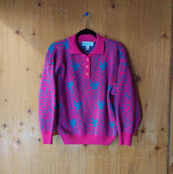 Stevemor Vintage Pink & Turquoise Pullover Knit Sweater - Picture 1 of 7